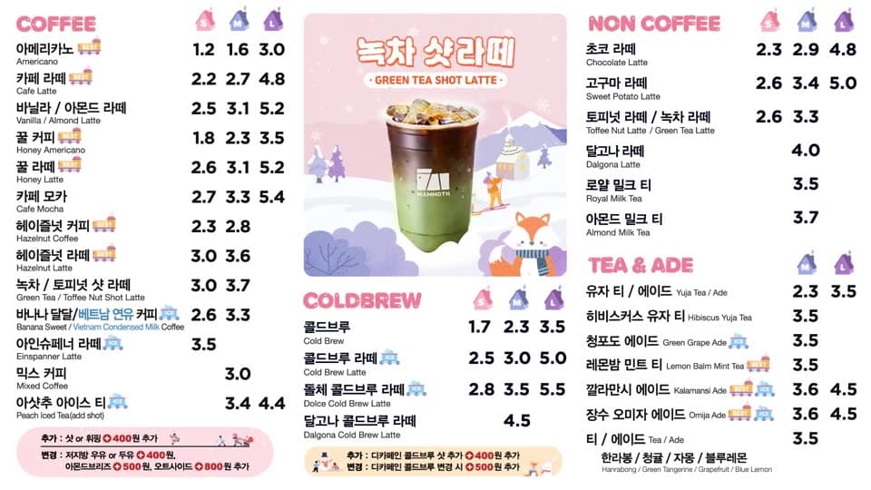 겨울 음료 메뉴보드를 배경으로 한 기능 표시 예시