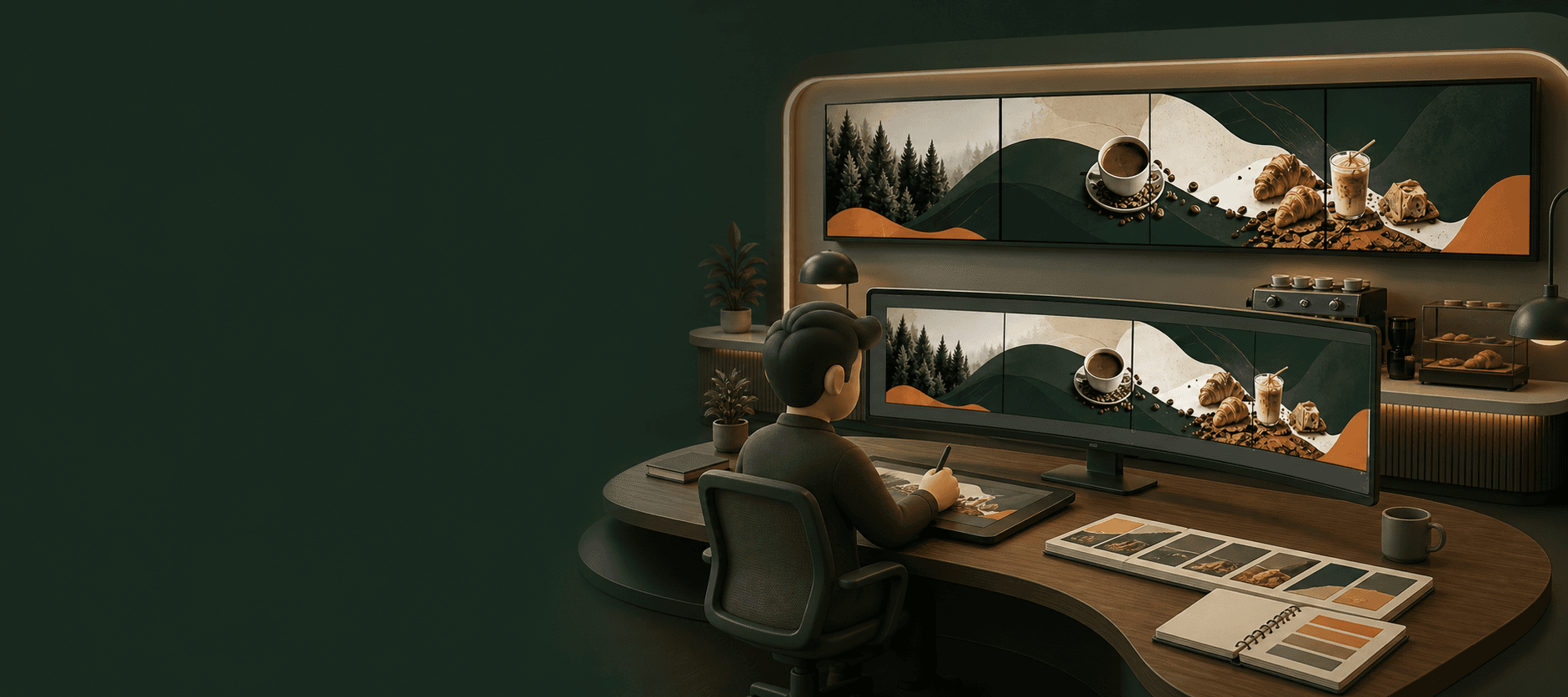 초광폭 콘텐츠를 제작하고 실제 매장 비디오월에 적용하는 3D 작업실
