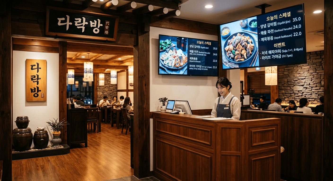 음식점 입구 카운터 위 디지털 안내 - 딜링박스 설치 매장