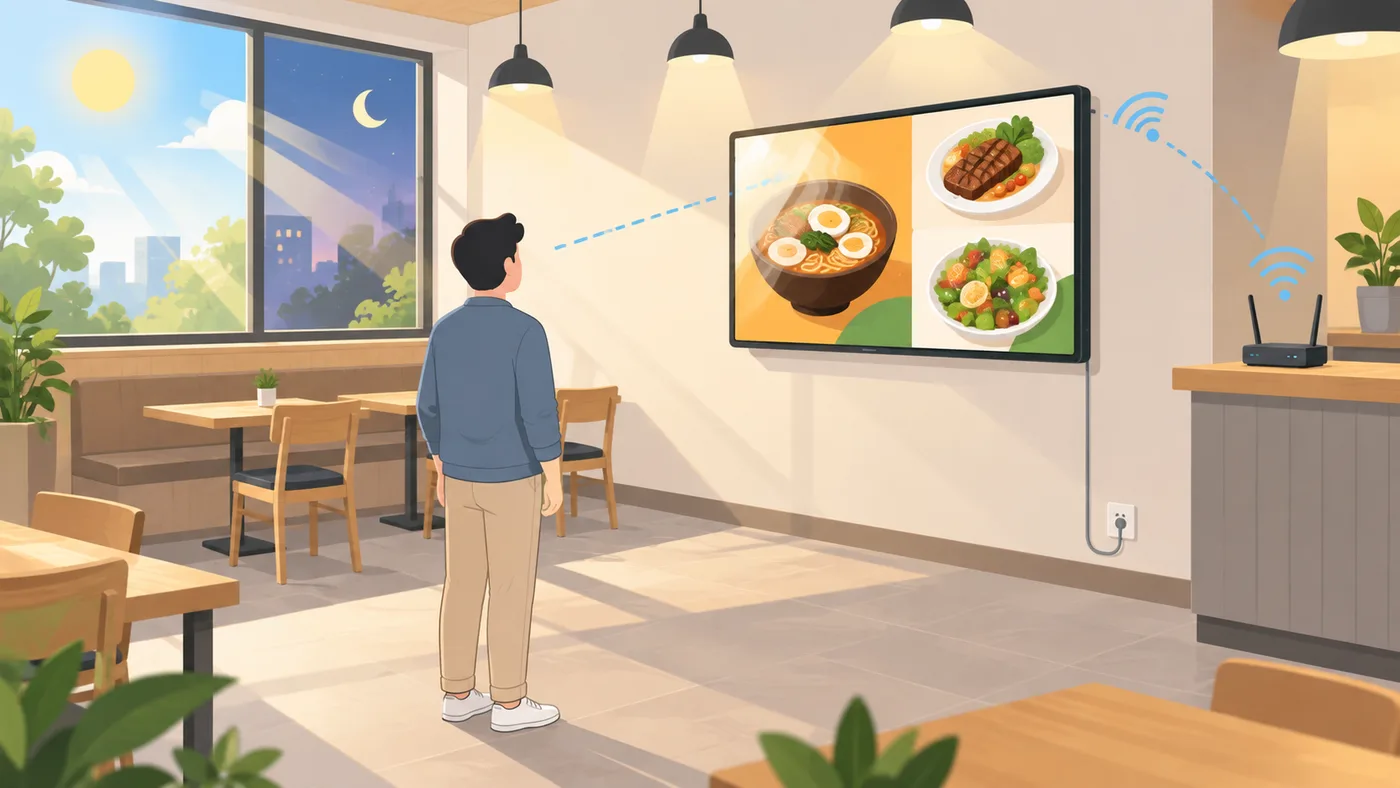 음식점 DID 화면의 시청 거리, 빛 반사, 콘센트와 전선 경로, 무선 인터넷 연결을 점검하는 설명용 일러스트